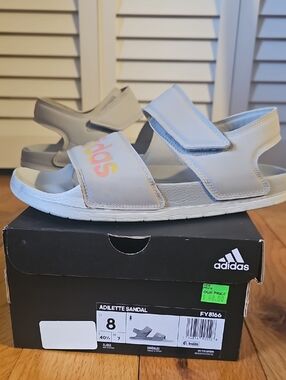 adidas Sandals in Light Gray with Multicolor Logo Womens 8